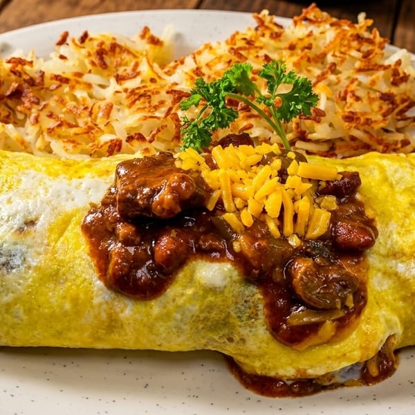 A chili cheese omelet topped with shredded cheddar and parsley, served with hash browns.