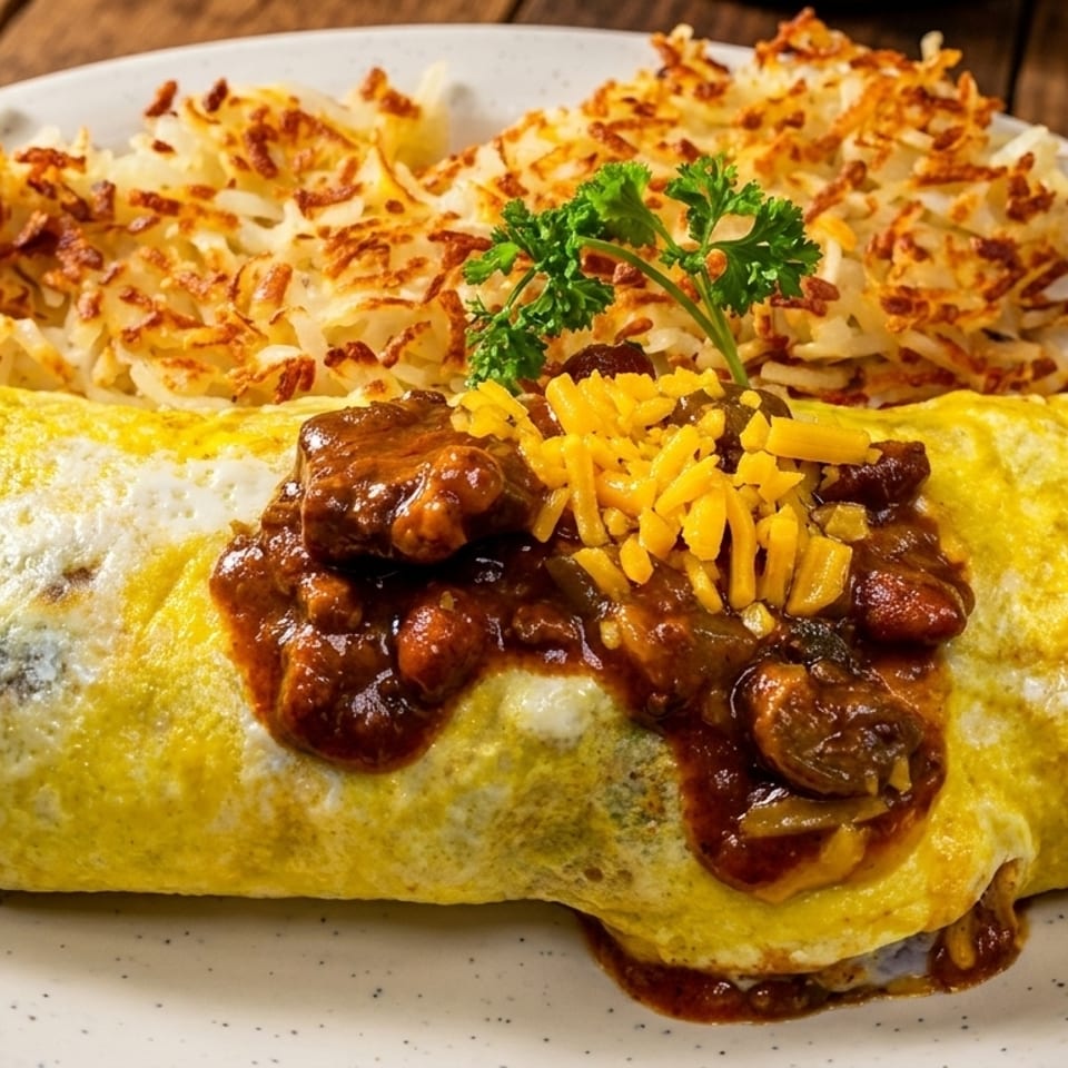 A chili cheese omelet topped with shredded cheddar and parsley, served with hash browns.