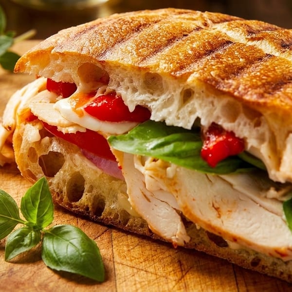 Grilled panini sandwich with chicken, roasted red peppers, mozzarella, and basil on a wooden board.