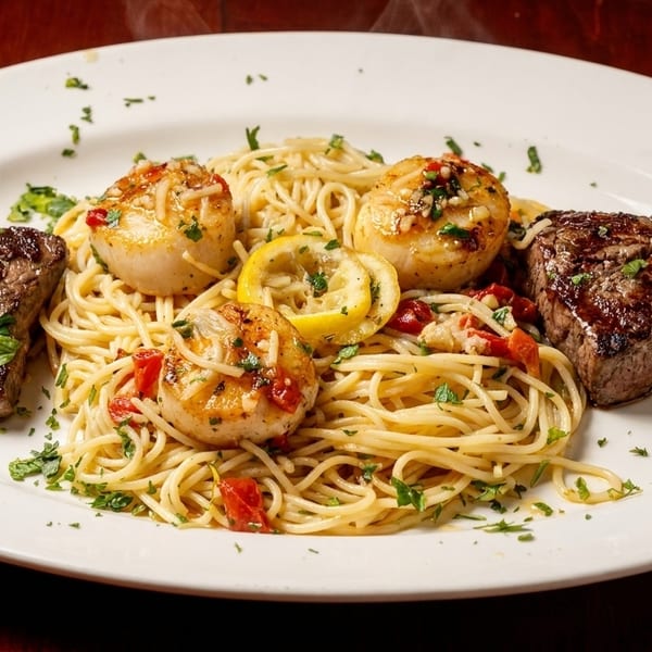 Steaming surf and turf with scallops, steak, spaghetti, lemon, and red peppers on a white plate.